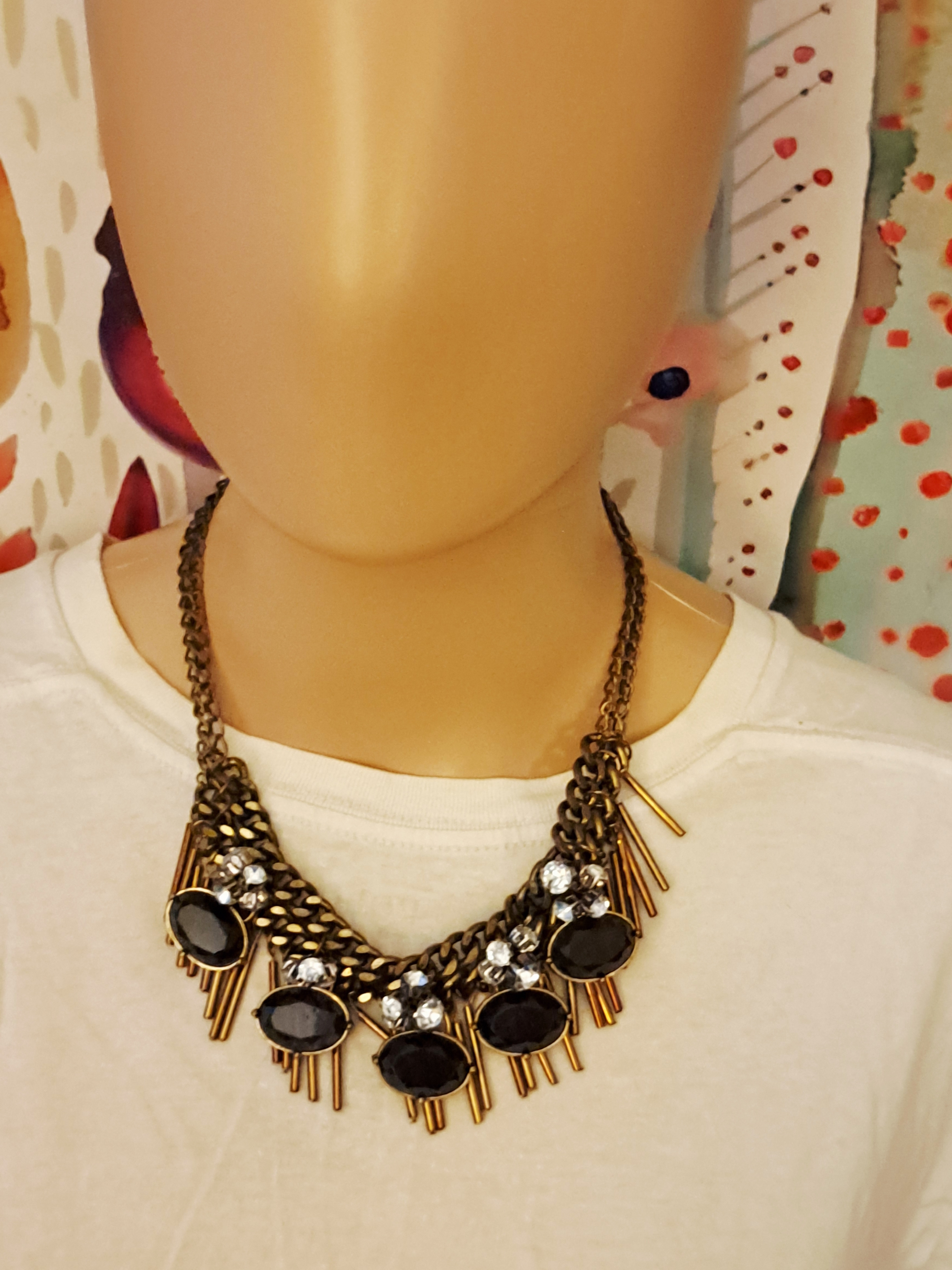 Loft Midnight Blue, Rhinestone, And Gold Fringe Multi-Strand Statement Necklace